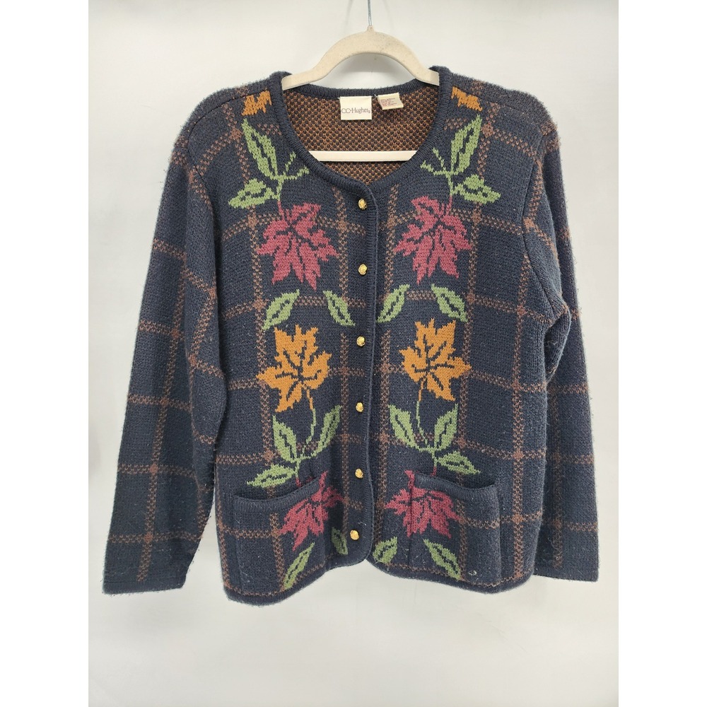 CC Hughes Vintage Floral Plaid Knit Cardigan Sweater Navy Blue Gold Button S